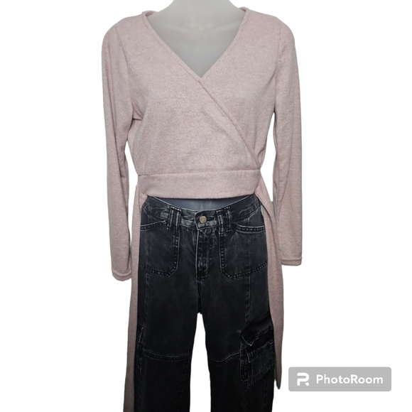 no comment Heather Pink Cropped Faux Wrap Top Sz L - Picture 4 of 5